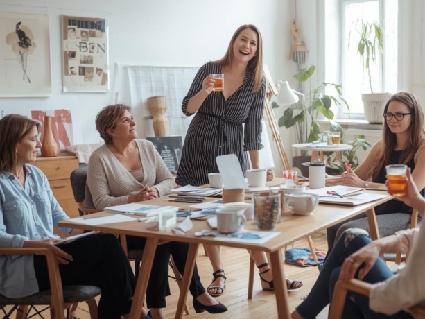 Groep vrouwen aan tafel tijdens een schilderles